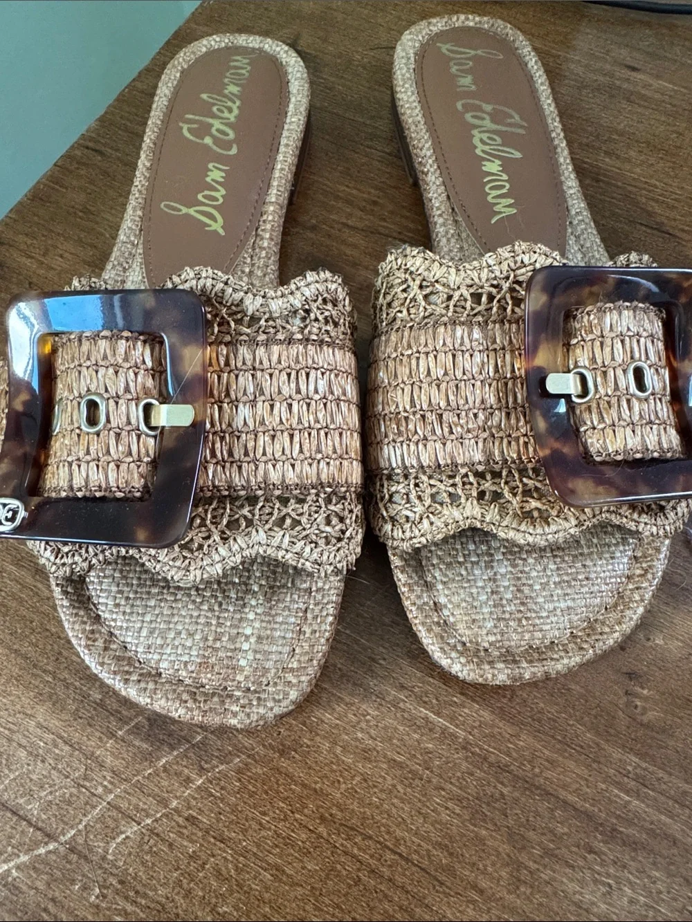 Sam Edelman Woven Tan Slide Mules with Tortoiseshell Buckle - Picture 4 of 4